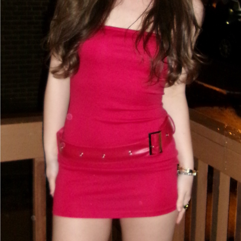 Red Strapless Mini Dress with Red Faux Leather Belt